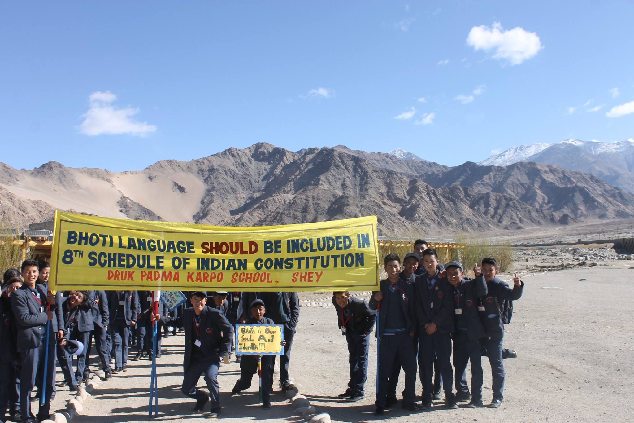 Gathering at the school|Marching to demand the Bhoti language to be included in the 8th schedule of the Indian constitution.